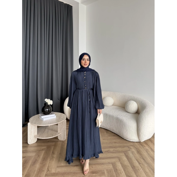 Ah - Rafel Asimetrik Fırfırlı Piliseli Elbise - Lacivert