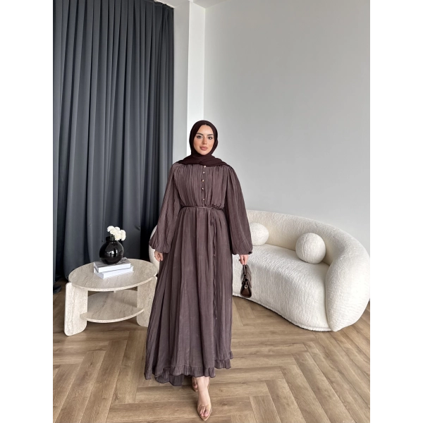 Ah - Rafel Asimetrik Fırfırlı Piliseli Elbise - Acı Kahve