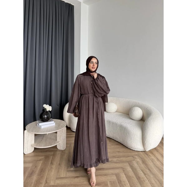 Ah - Rafel Asimetrik Fırfırlı Piliseli Elbise - Acı Kahve