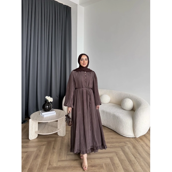 Ah - Rafel Asimetrik Fırfırlı Piliseli Elbise - Acı Kahve