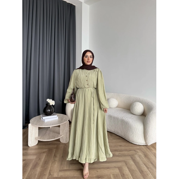 Ah - Rafel Asimetrik Fırfırlı Piliseli Elbise - Yağ Yeşili