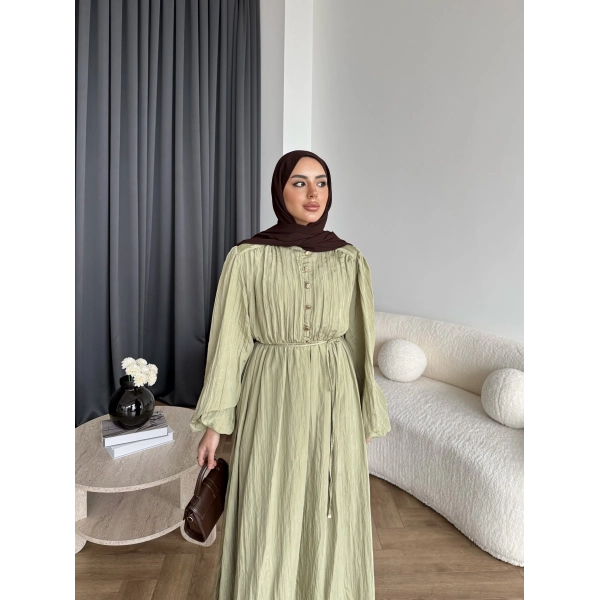 Ah - Rafel Asimetrik Fırfırlı Piliseli Elbise - Yağ Yeşili