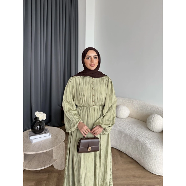 Ah - Rafel Asimetrik Fırfırlı Piliseli Elbise - Yağ Yeşili