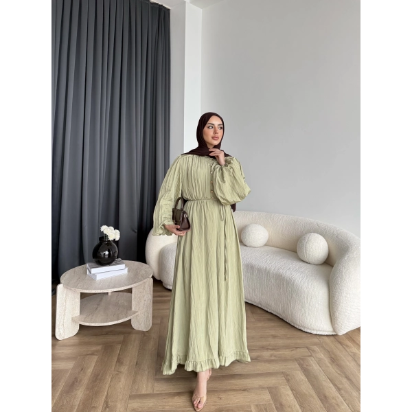 Ah - Rafel Asimetrik Fırfırlı Piliseli Elbise - Yağ Yeşili