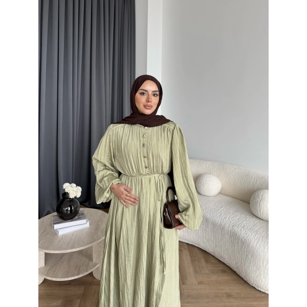 Ah - Rafel Asimetrik Fırfırlı Piliseli Elbise - Yağ Yeşili