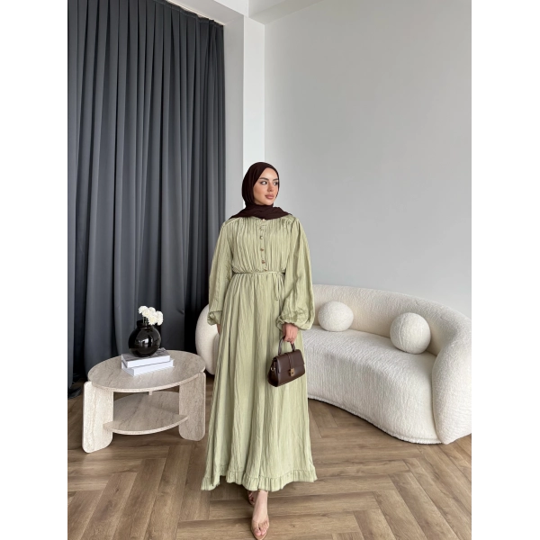 Ah - Rafel Asimetrik Fırfırlı Piliseli Elbise - Yağ Yeşili