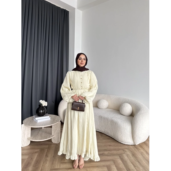 Ah - Rafel Asimetrik Fırfırlı Piliseli Elbise - Sarı