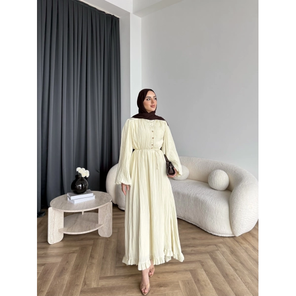 Ah - Rafel Asimetrik Fırfırlı Piliseli Elbise - Sarı