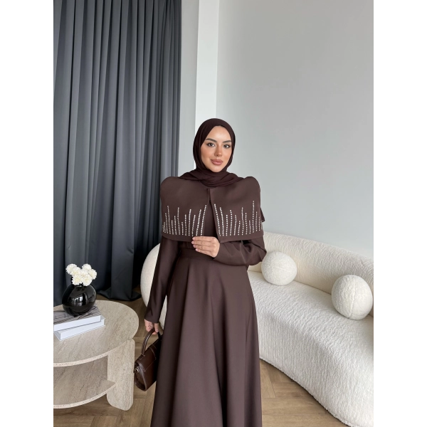 Fuş - Melafis Pelerin Taş Detay Elbise - Acı Kahve