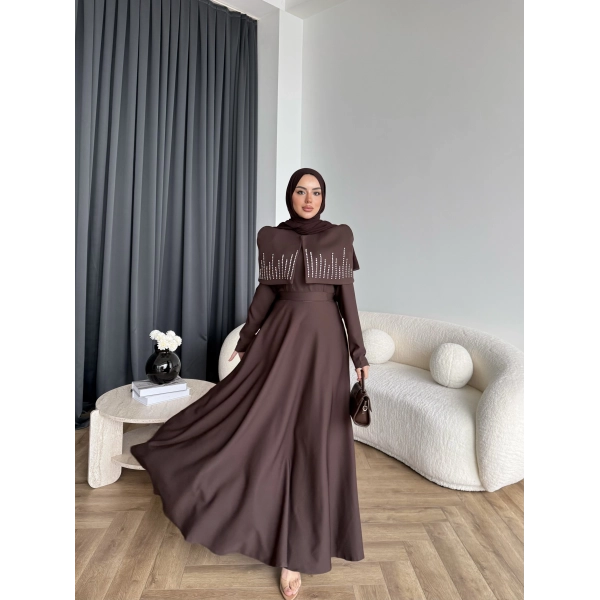 Fuş - Melafis Pelerin Taş Detay Elbise - Acı Kahve