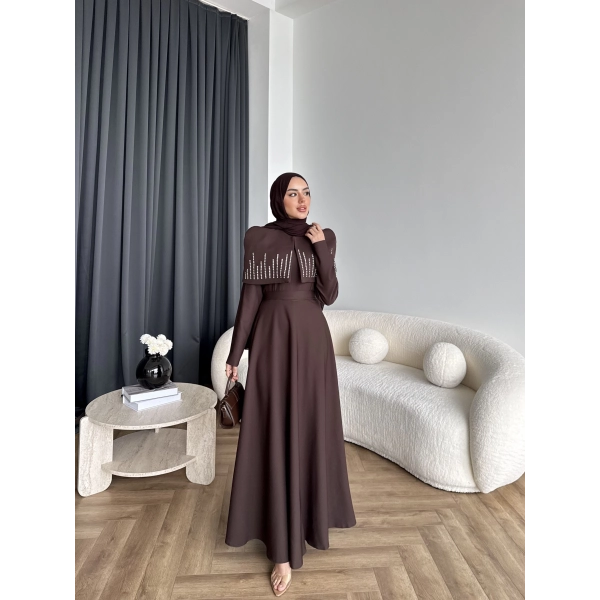 Fuş - Melafis Pelerin Taş Detay Elbise - Acı Kahve