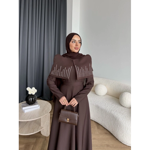 Fuş - Melafis Pelerin Taş Detay Elbise - Acı Kahve