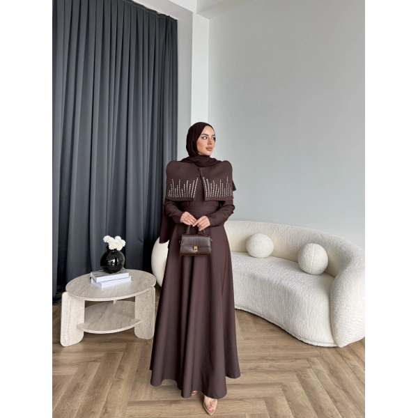 Fuş - Melafis Pelerin Taş Detay Elbise - Acı Kahve