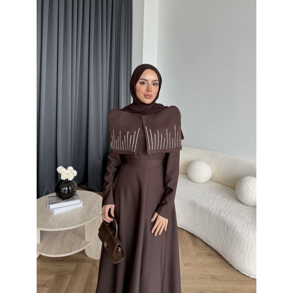 Fuş - Melafis Pelerin Taş Detay Elbise - Acı Kahve