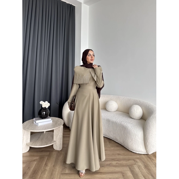 Fuş - Melafis Pelerin Taş Detay Elbise - Yeşil