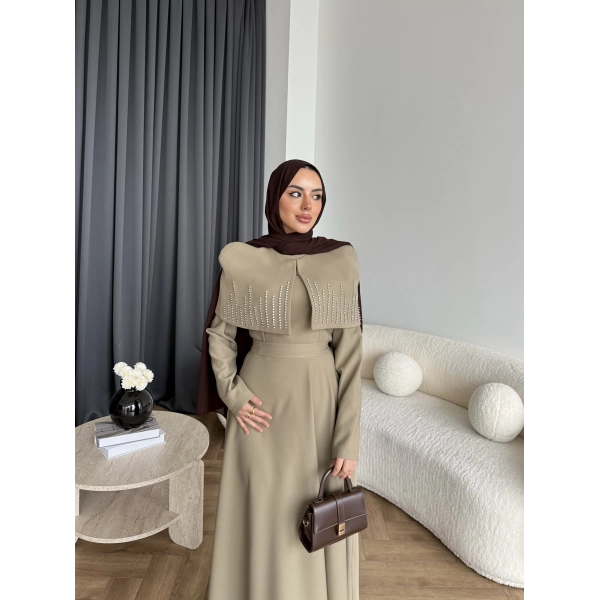 Fuş - Melafis Pelerin Taş Detay Elbise - Yeşil