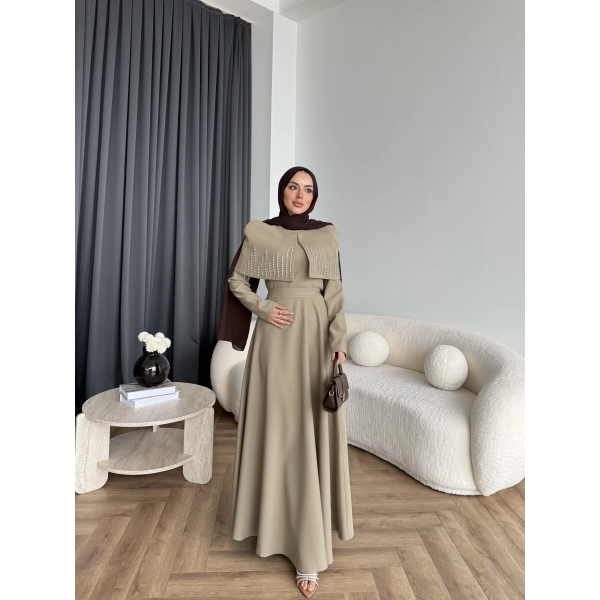 Fuş - Melafis Pelerin Taş Detay Elbise - Yeşil