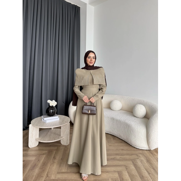 Fuş - Melafis Pelerin Taş Detay Elbise - Yeşil