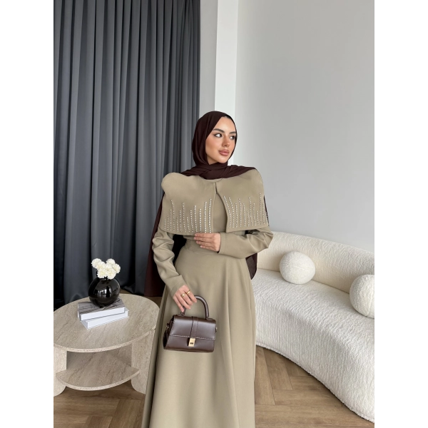 Fuş - Melafis Pelerin Taş Detay Elbise - Yeşil