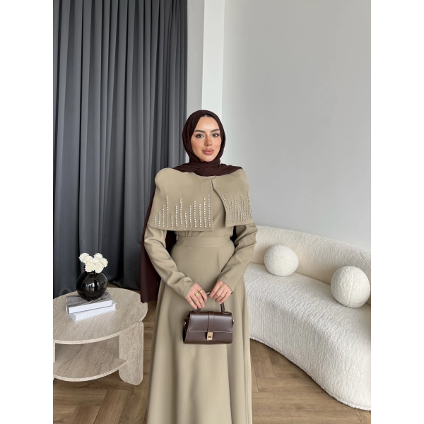 Fuş - Melafis Pelerin Taş Detay Elbise - Yeşil