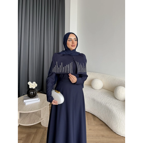 Fuş - Melafis Pelerin Taş Detay Elbise - Lacivert