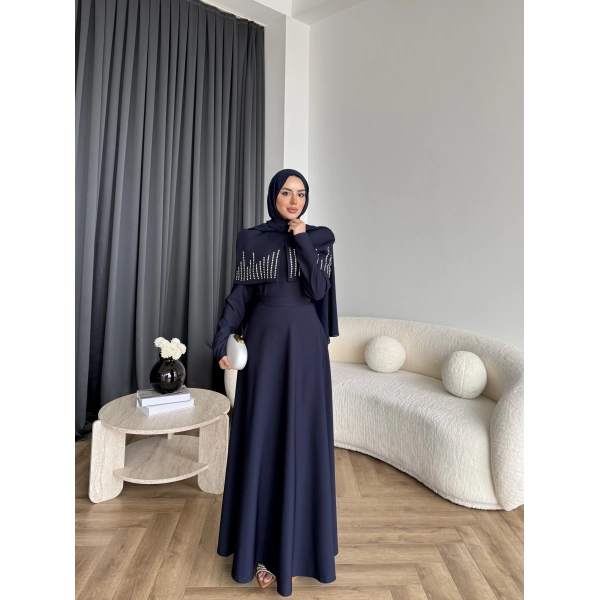 Fuş - Melafis Pelerin Taş Detay Elbise - Lacivert