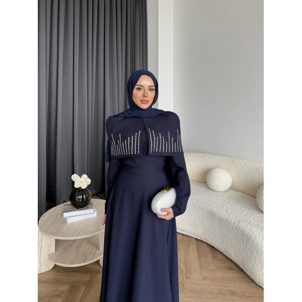 Fuş - Melafis Pelerin Taş Detay Elbise - Lacivert