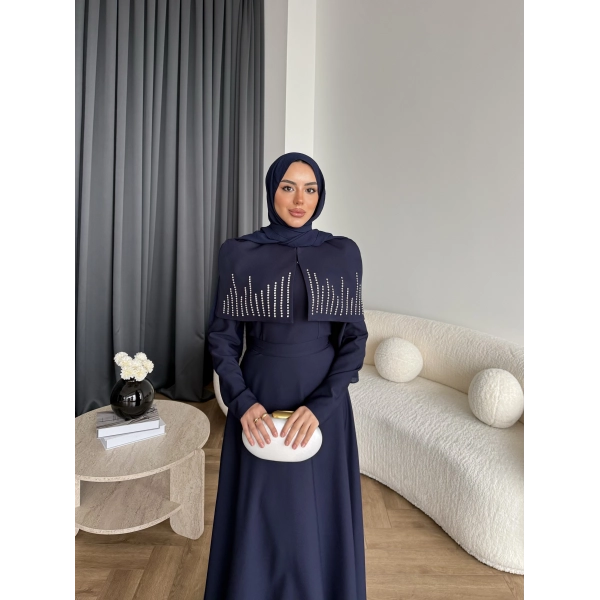 Fuş - Melafis Pelerin Taş Detay Elbise - Lacivert