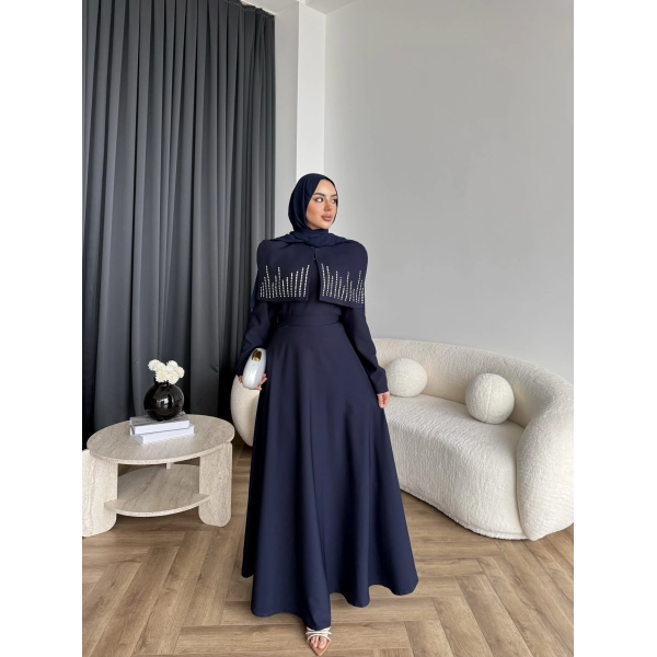 Fuş - Melafis Pelerin Taş Detay Elbise - Lacivert