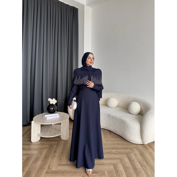 Fuş - Melafis Pelerin Taş Detay Elbise - Lacivert