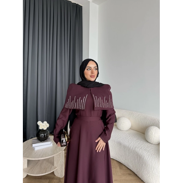 Fuş - Melafis Pelerin Taş Detay Elbise - Bordo