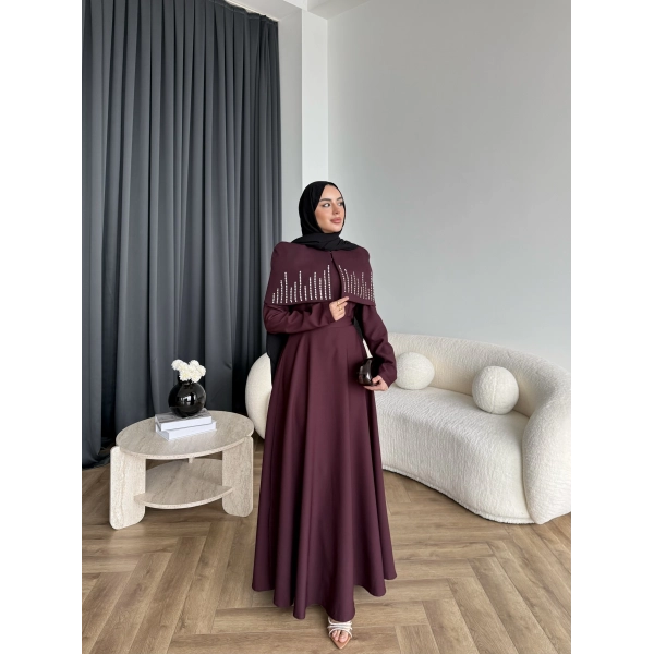 Fuş - Melafis Pelerin Taş Detay Elbise - Bordo