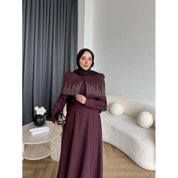 Fuş - Melafis Pelerin Taş Detay Elbise - Bordo