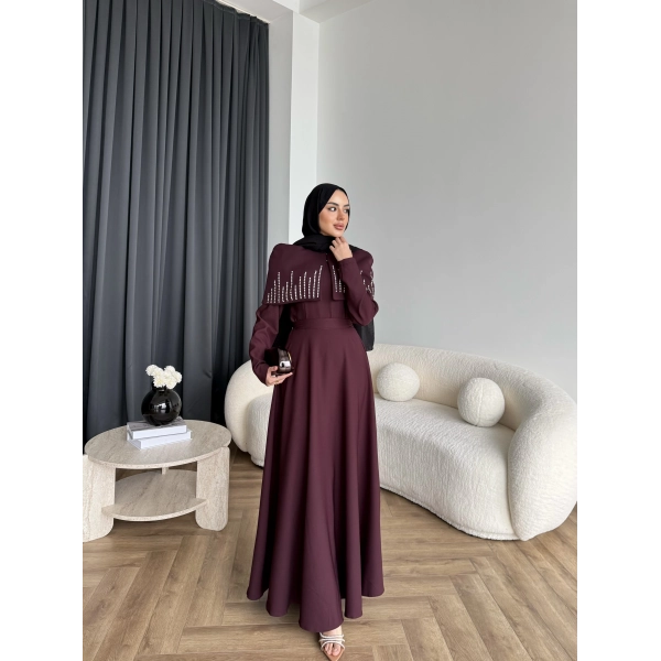 Fuş - Melafis Pelerin Taş Detay Elbise - Bordo