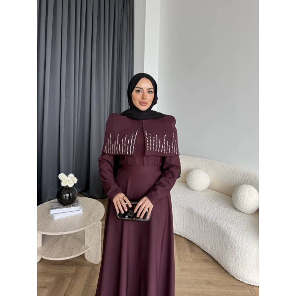 Fuş - Melafis Pelerin Taş Detay Elbise - Bordo