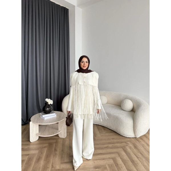 Fuş - Sakura Püsküllü Takım - Ekru