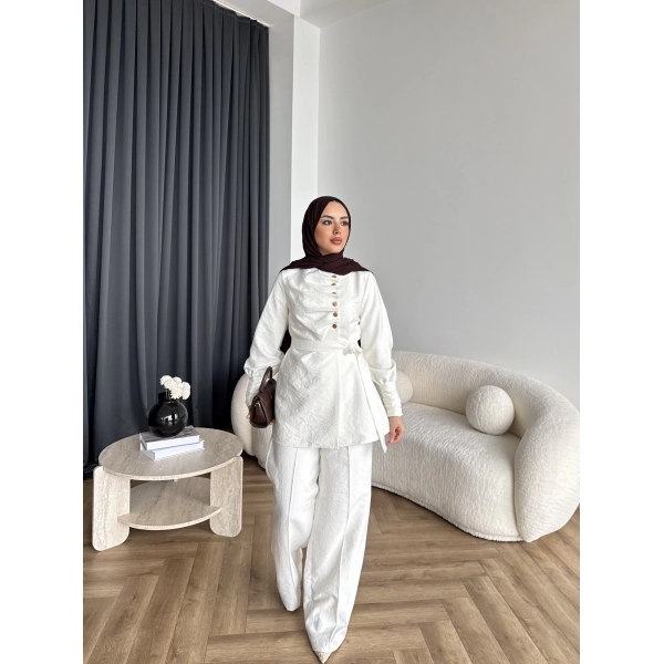 Tb - Roman Düğmeli Cupra Takım - Ekru