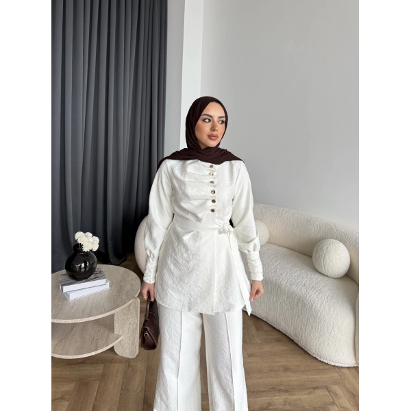 Tb - Roman Düğmeli Cupra Takım - Ekru