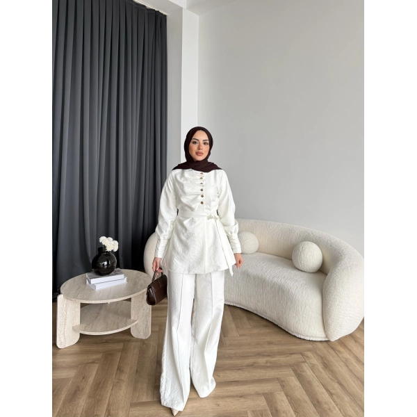 Tb - Roman Düğmeli Cupra Takım - Ekru