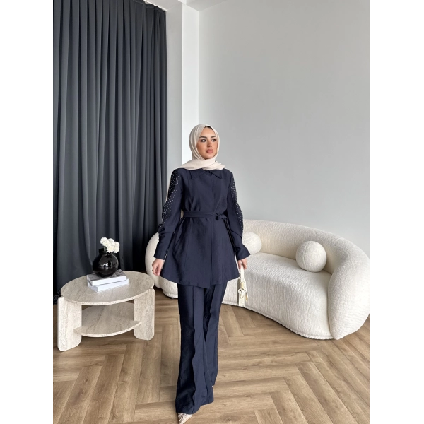 Fuş - Lisor Kol Taş Detay Takım - Lacivert