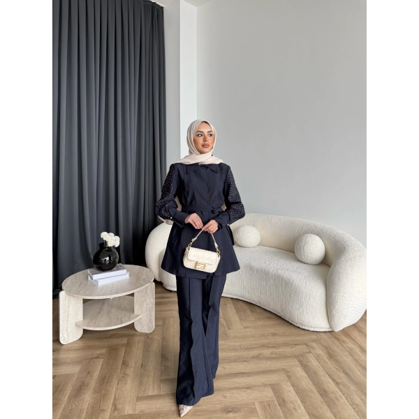 Fuş - Lisor Kol Taş Detay Takım - Lacivert