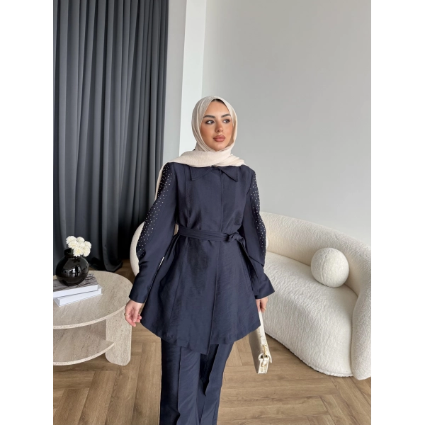 Fuş - Lisor Kol Taş Detay Takım - Lacivert