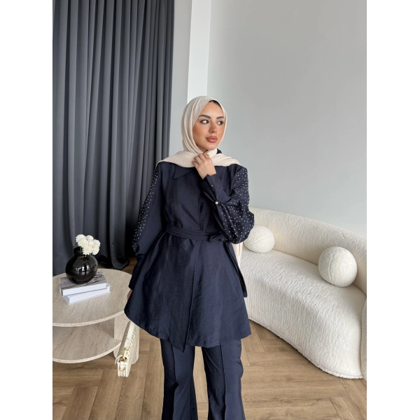 Fuş - Lisor Kol Taş Detay Takım - Lacivert