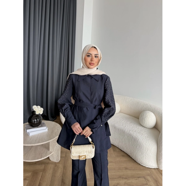 Fuş - Lisor Kol Taş Detay Takım - Lacivert