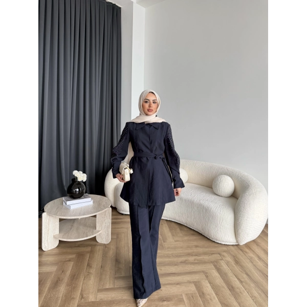 Fuş - Lisor Kol Taş Detay Takım - Lacivert