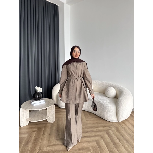 Fuş - Lisor Kol Taş Detay Takım - Vizon