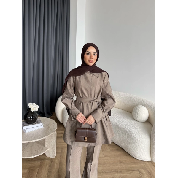 Fuş - Lisor Kol Taş Detay Takım - Vizon