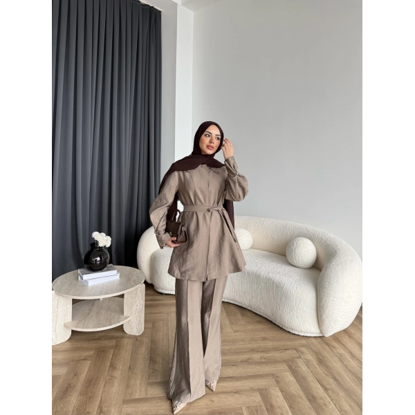 Fuş - Lisor Kol Taş Detay Takım - Vizon