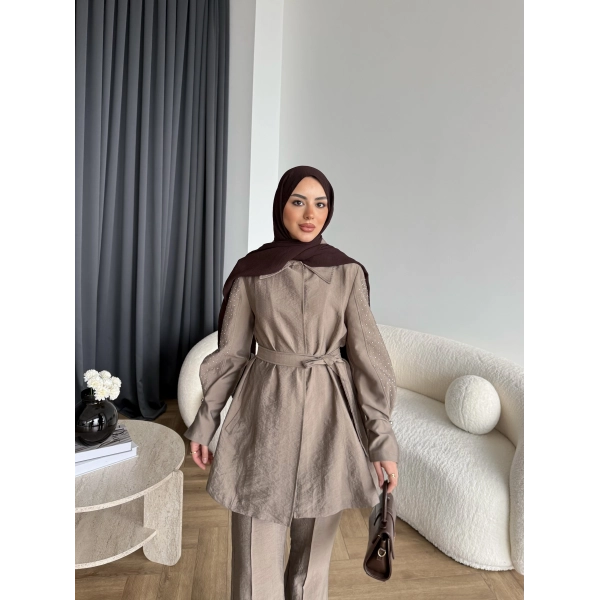 Fuş - Lisor Kol Taş Detay Takım - Vizon