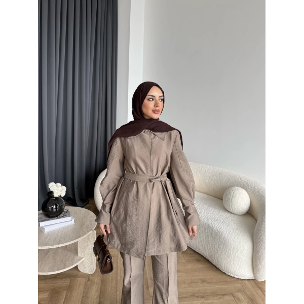 Fuş - Lisor Kol Taş Detay Takım - Vizon